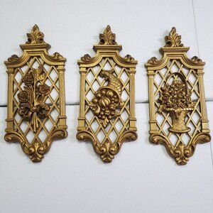 3 Vintage 1971 Dart Homco Syroco Gold Floral Fruit Wall Plaques MCM